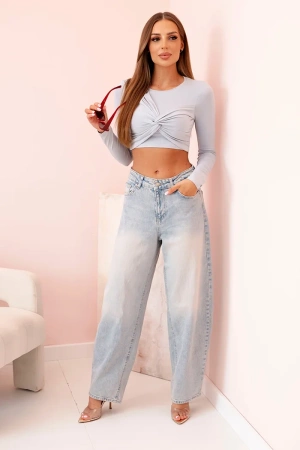 Bluzka damska z długim rękawem i efektownym marszczeniem na biuście szara