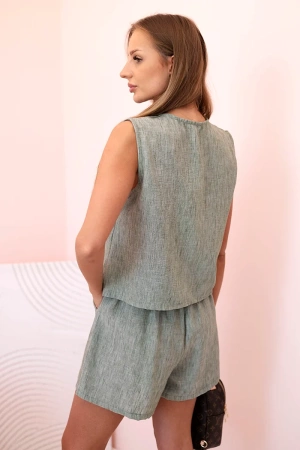 Komplet damski wiskozowy kamizelka na guziki i szorty khaki melanż