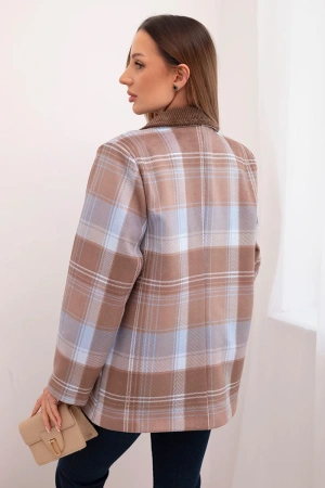 Marynarka damska w kratę z ozdobną przypinką i długim rękawem niebieska