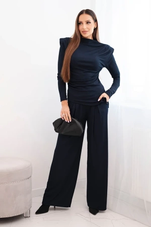 Komplet damski bawełniany z bluzką i spodniami z szeroką nogawką granatowy