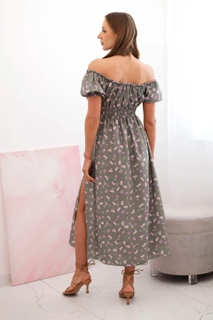 Sukienka damska maxi w kwiaty z bufkami khaki
