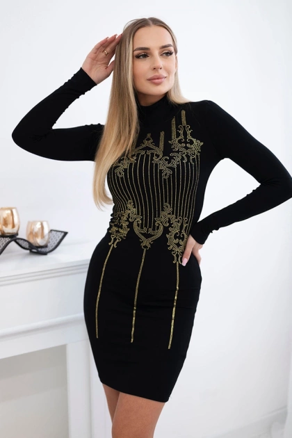 Sukienka dzianinowa ze złotym wzorem z cyrkonii czarna