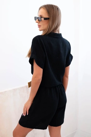 Komplet damski muślinowy z koszulą wiązaną i szortami z paskiem czarny