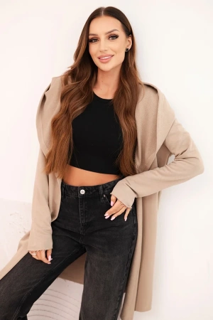 Narzutka damska z bawełny z kapturem i wydłużonym przodem beżowa