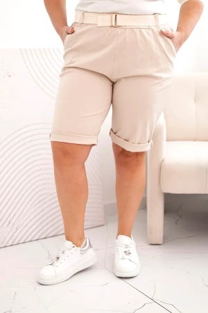 Spodenki damskie bawełniane Plus Size z paskiem jasno beżowe