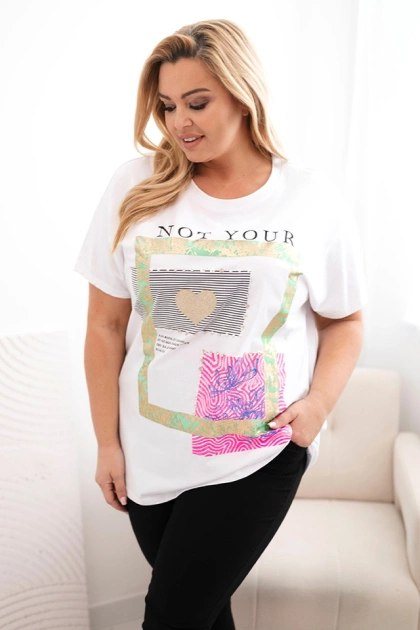 Bluzka damska bawełniana Plus Size ze złotym napisem biały + zielony