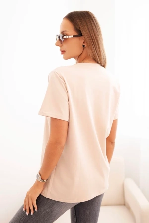 Bluzka damska bawełniana z dekoltem w serek z krótkim rękawem beżowa