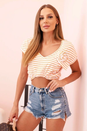 Bluzka damska bawełniana w paski z dekoltem V pomarańczowa