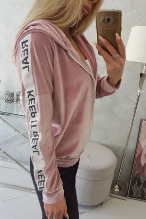 Bluza welurowa z kapturem pudrowy róż