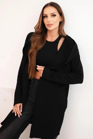 Narzutka damska z bawełny z kapturem i wydłużonym przodem czarna