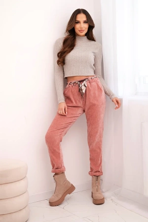 Spodnie damskie z wiskozy z apaszkowym paskiem ciemno różowe