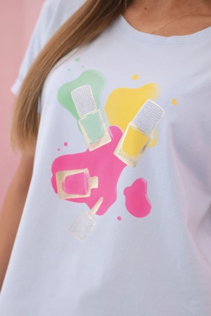 Bluzka damska bawełniana z krótkim rękawem i kolorowym nadrukiem niebieska