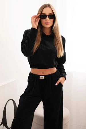 Komplet dresowy damska z weluru z szerokimi nogawkami i bluzą z kapturem czarny