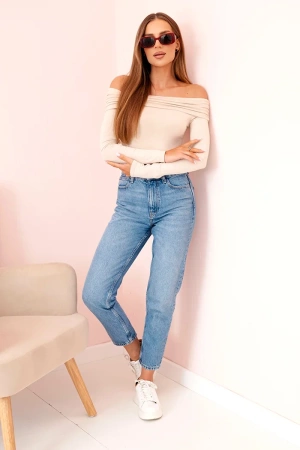 Bluzka body damska z długim rękawem i odkrytymi ramionami beżowa