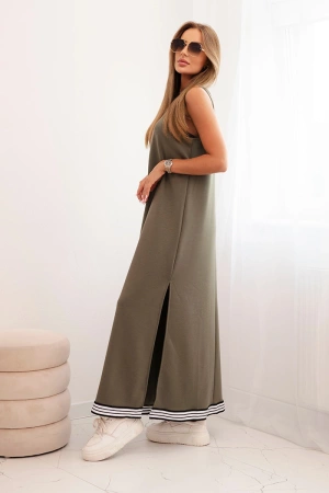 Komplet damska z wiskozą z rozpinaną bluzą i długą sukienką khaki