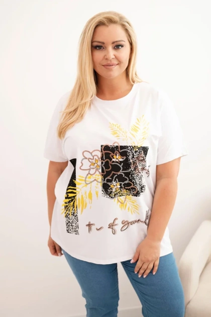 Bluzka damska bawełniana Plus Size z ozdobnym nadrukiem kwiatowym biały + żółty
