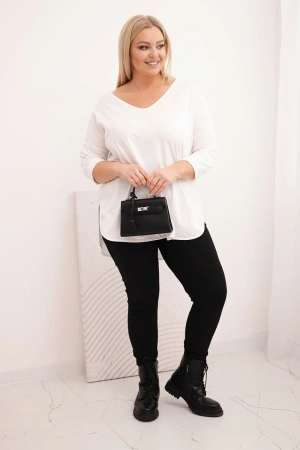 Bluzka damska bawełniana Plus Size z dekoltem V i podwijanym rękawem biała