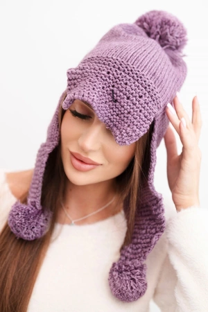 Czapka damska zimowa z wełną z daszkiem i pomponami K475 fioletowa