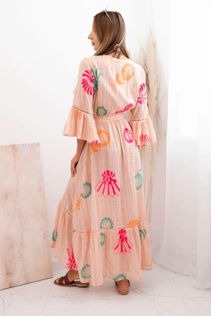 Narzutka damska boho z haftem morelowa