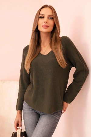 Sweter damska z wiskozą z dekoltem w serek ciemny khaki