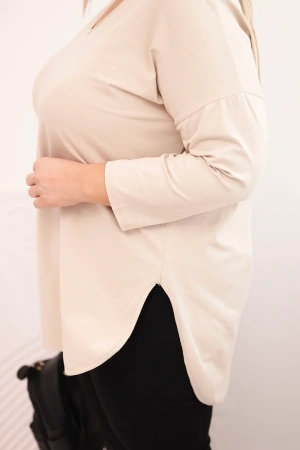Bluzka damska bawełniana Plus Size z dekoltem V i podwijanym rękawem beżowa
