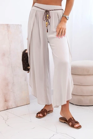 Spodnie damskie z wiskozy z rozcięciem na nogawkach ciemno beżowe