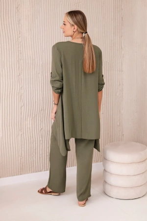 Komplet bluzka + spodnie z wisiorkiem jasny khaki