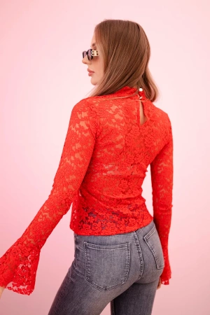 Bluzka damska koronkowa z długim rękawem i stójką czerwona
