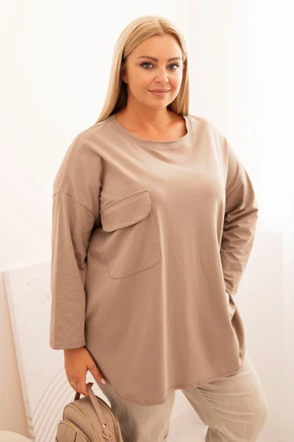Bluzka damska Plus Size z bawełną z kieszenią i rękawem podwijanym fango