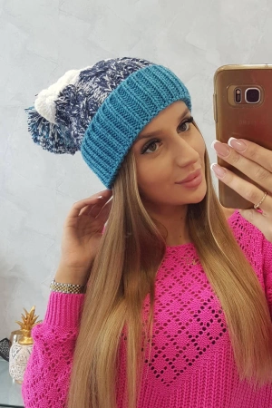 Czapka damska z pomponem Abigail K326 turkusowy+granatowy+biały