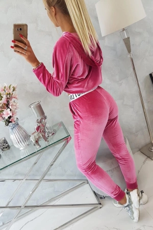 Komplet welurowy z kapturem fuksja