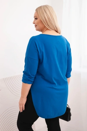 Bluzka damska bawełniana Plus Size z dekoltem V i podwijanym rękawem chabrowa