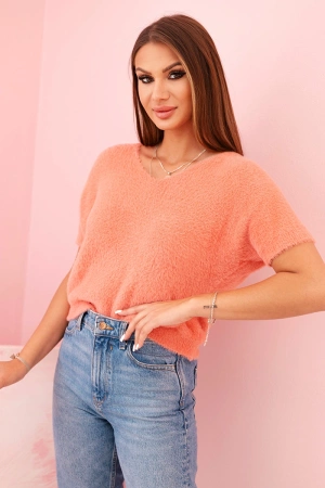Sweter damski z miękkiego włosia z dekoltem V krótki rękaw łososiowy