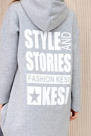 Bluza ocieplana z długim tyłem i kapturem szara