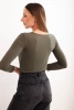 Bluzka damska z kaszmiru z okrągłym dekoltem i długim rękawem khaki