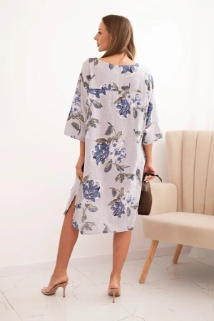 Sukienka damska bawełniana z kwiatowym wzorem i rękawem 3/4 szara