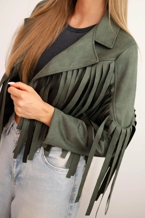 Kurtka damska z frędzlami z zamszu khaki