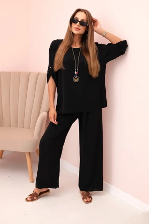 Komplet damska z bluzką z naszyjnikiem i szerokimi spodniami czarny
