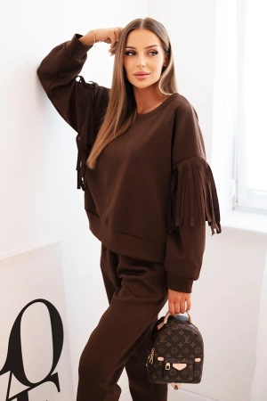 Komplet damski masełkowy z frędzlami na rękawach brązowy