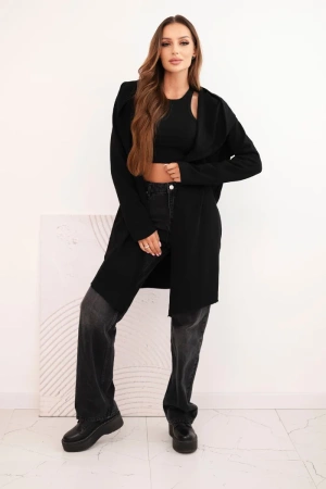 Narzutka damska z bawełny z kapturem i wydłużonym przodem czarna