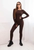 Komplet damska z prążkowanej wiskozy z długim rękawem i legginsami brązowy