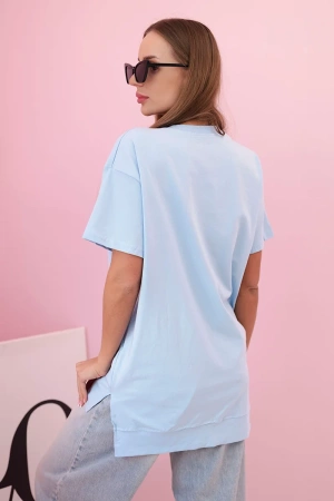 T-shirt damska bawełniana oversize z sercem i frędzlami niebieska