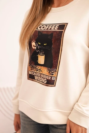 Bluza damska bawełniana z nadrukiem kota i napisem jasno beżowa