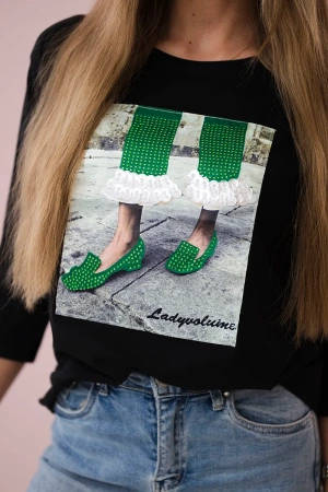 Bluzka z grafiką 3D z cyrkoniami czarna