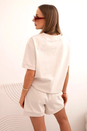 Komplet damski punto z krótkim rękawem i luźnymi szortami beżowy