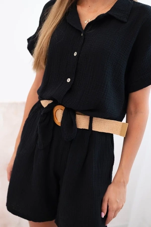 Komplet damski muślinowy z koszulą wiązaną i szortami z paskiem czarny