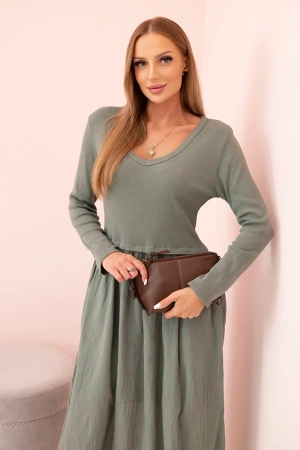 Sukienka damska z bawełną z długim rękawem i dekoltem V khaki