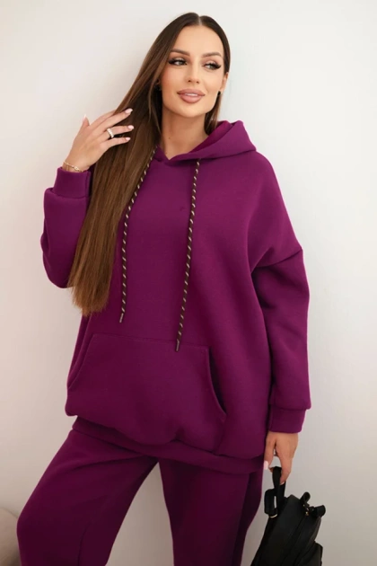 Komplet dresowy damski ocieplany z bawełny i z kapturem ciemno fioletowy