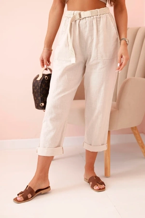 Spodnie damskie lniane z bawełną i paskiem beżowe