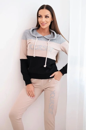 Komplet z nadrukiem Yourself szary+beżowy